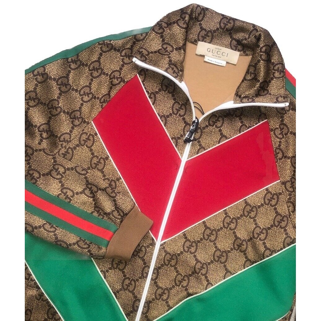 Gucci Monogram Track Jacket Technical Jersey W/Web Print Unisex M Vtg Camel New